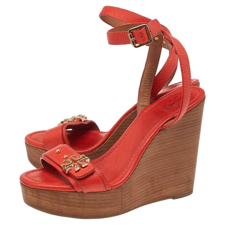 Pre Owned Tory Burch Coral Red Leather Open Toe Ankle Strap Wedge Sandals Size 38
