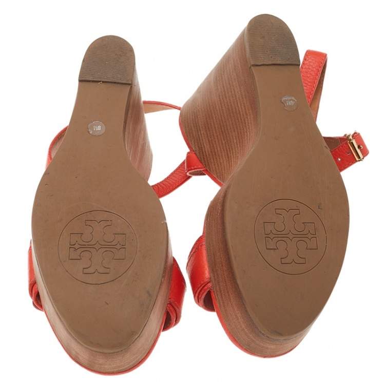 Pre Owned Tory Burch Coral Red Leather Open Toe Ankle Strap Wedge Sandals Size 38