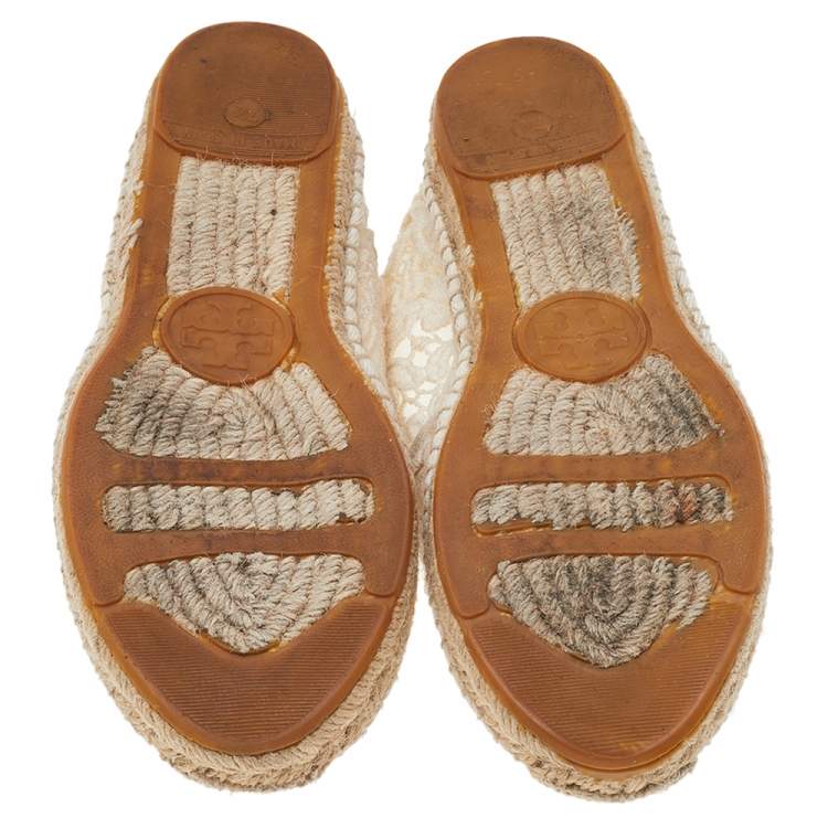 Pre Owned Tory Burch White Lace Espadrille Flats Size 37.5