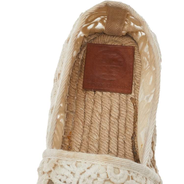 Pre Owned Tory Burch White Lace Espadrille Flats Size 37.5