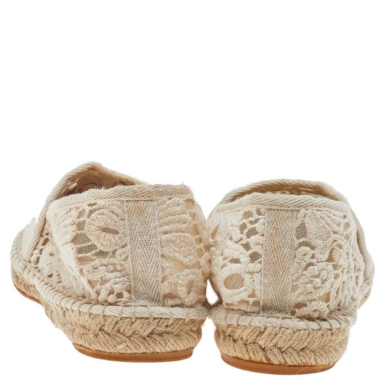 Pre Owned Tory Burch White Lace Espadrille Flats Size 37.5