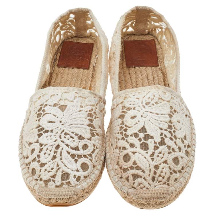 Pre Owned Tory Burch White Lace Espadrille Flats Size 37.5