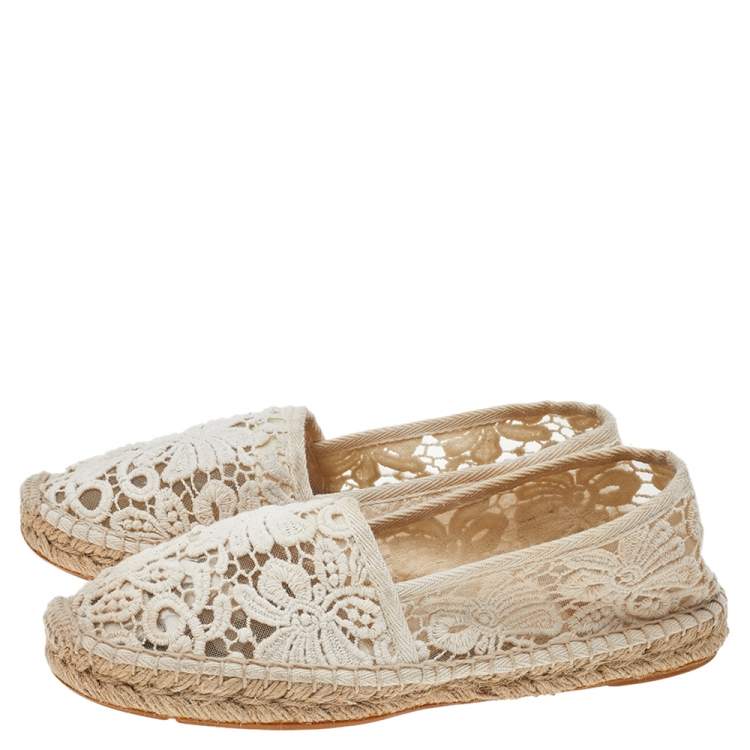 Pre Owned Tory Burch White Lace Espadrille Flats Size 37.5