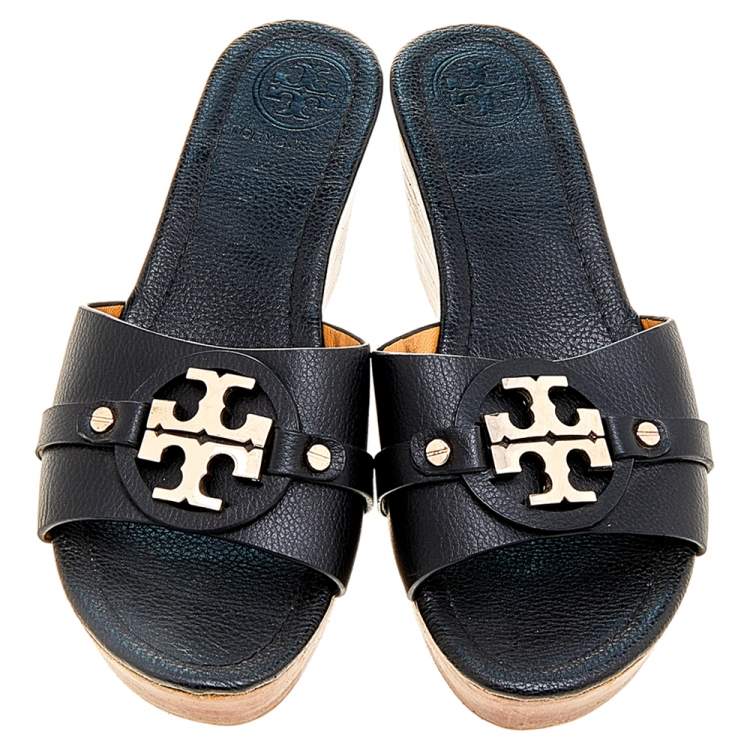 Pre Owned Tory Burch Black Leather Patty Wedge Slide Sandals Size 37