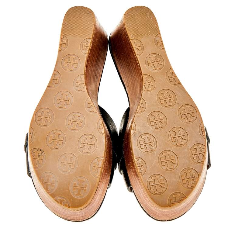Pre Owned Tory Burch Black Leather Patty Wedge Slide Sandals Size 37
