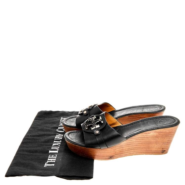 Pre Owned Tory Burch Black Leather Patty Wedge Slide Sandals Size 37