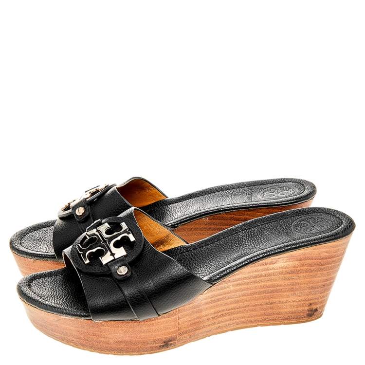 Pre Owned Tory Burch Black Leather Patty Wedge Slide Sandals Size 37