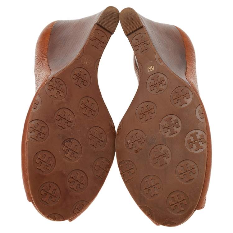 Pre Owned Tory Burch Tan Leather Sally Peep Toe Wedge Pumps Size 38