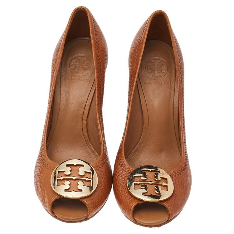 Pre Owned Tory Burch Tan Leather Sally Peep Toe Wedge Pumps Size 38