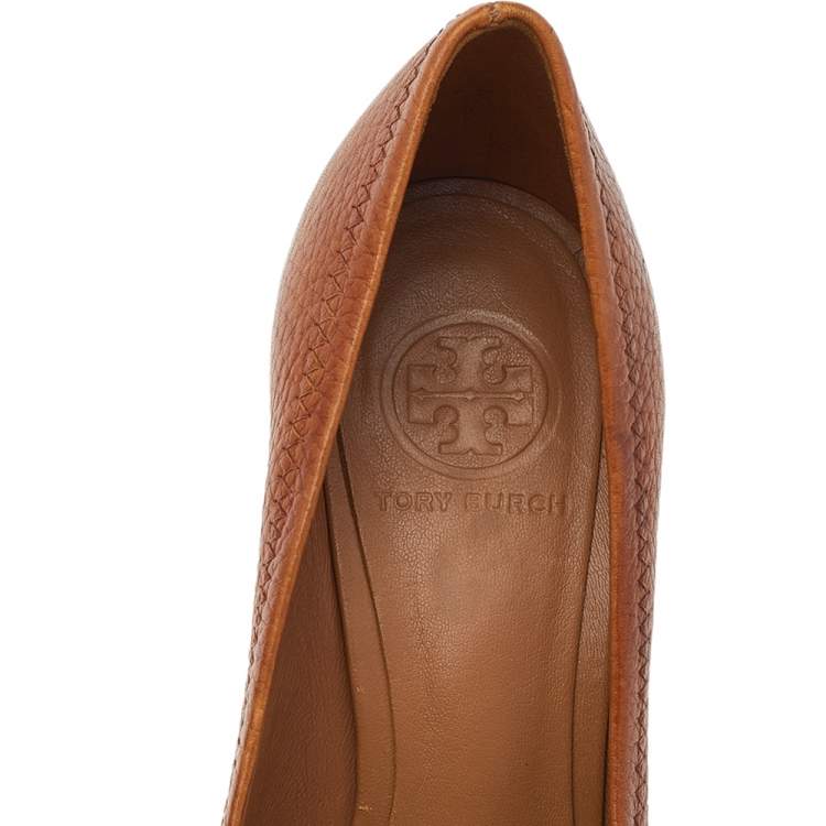 Pre Owned Tory Burch Tan Leather Sally Peep Toe Wedge Pumps Size 38