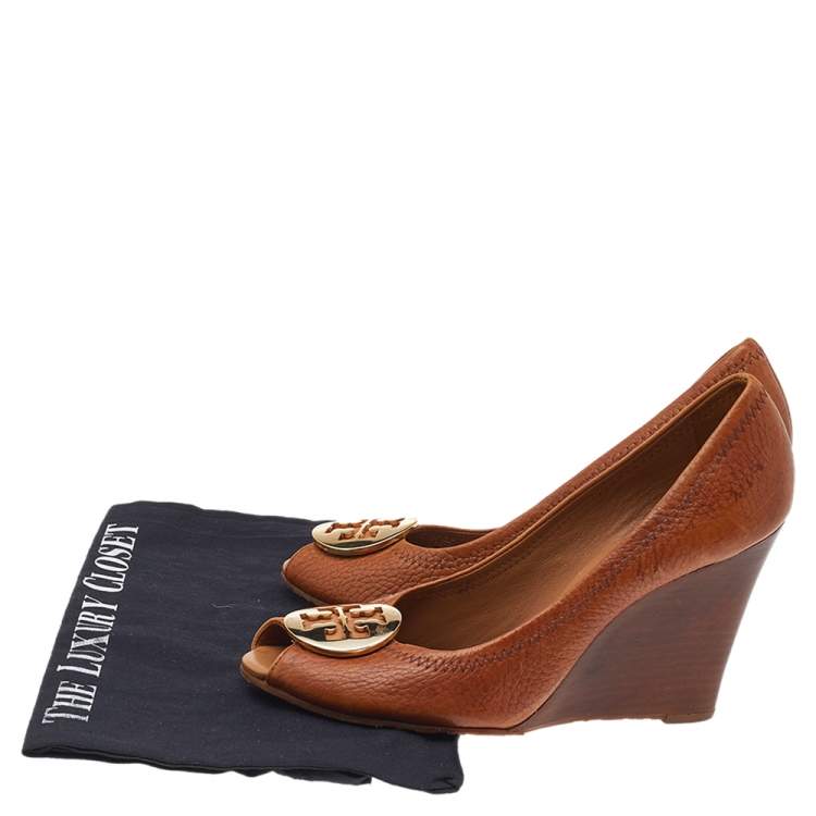 Pre Owned Tory Burch Tan Leather Sally Peep Toe Wedge Pumps Size 38