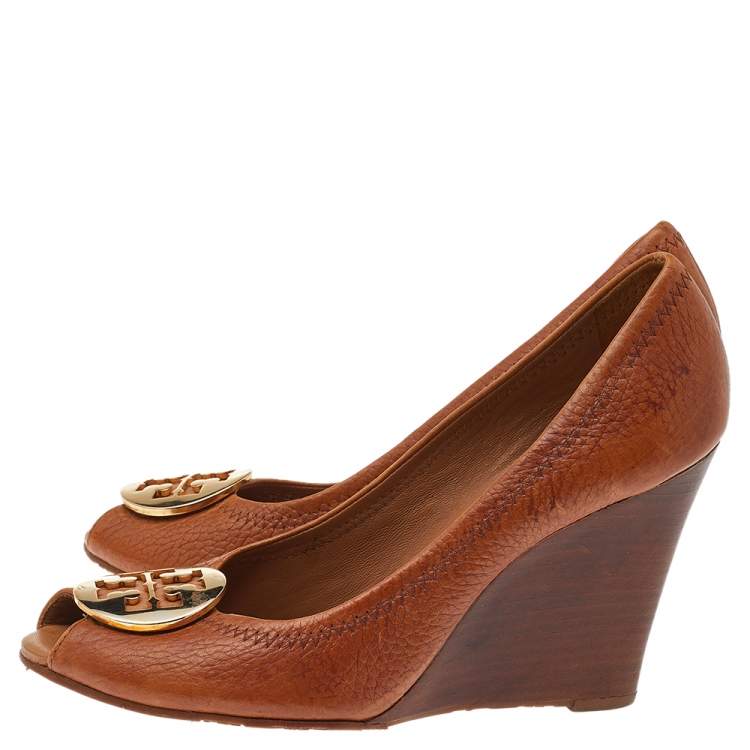 Pre Owned Tory Burch Tan Leather Sally Peep Toe Wedge Pumps Size 38