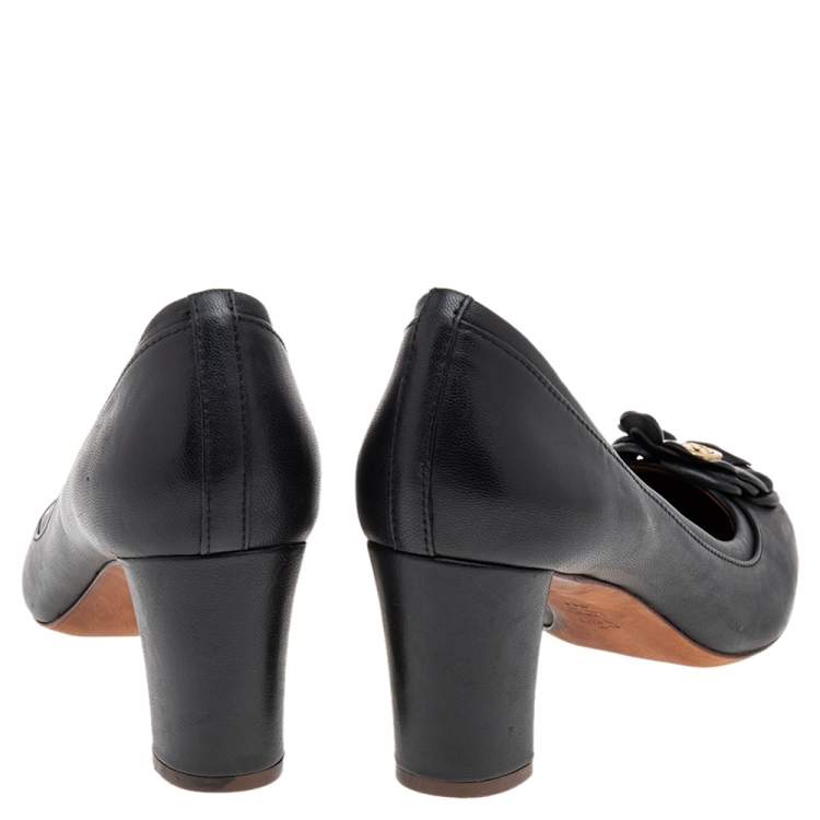Pre Owned Tory Burch Black Leather Shelby Floral Block Heel Pumps Size 39