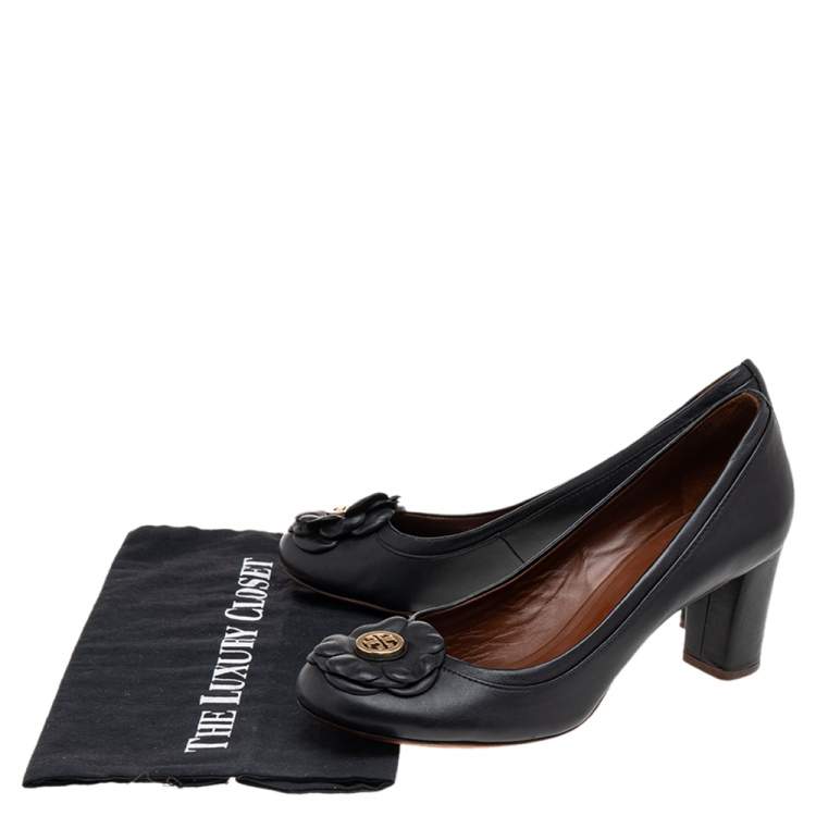 Pre Owned Tory Burch Black Leather Shelby Floral Block Heel Pumps Size 39