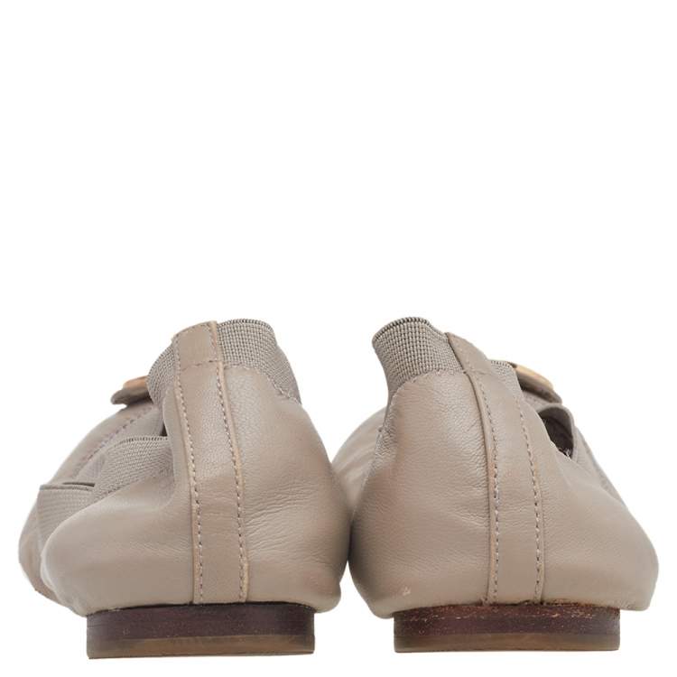 Pre Owned Tory Burch Grey Leather Carolina Scrunch Ballet Flats Size 37