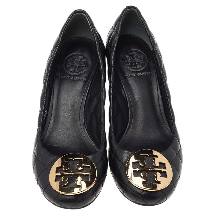 Pre Owned Tory Burch Black Quilted Leather Reva Wedge Pumps Size 35.5