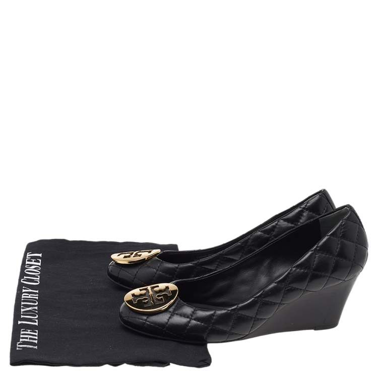 Pre Owned Tory Burch Black Quilted Leather Reva Wedge Pumps Size 35.5