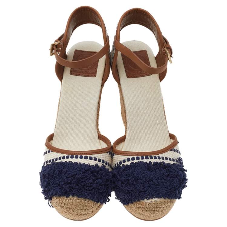 Pre Owned Tory Burch White/Blue Canvas And Leather Wedge Espadrille Ankle Strap Sandals Size 38.5