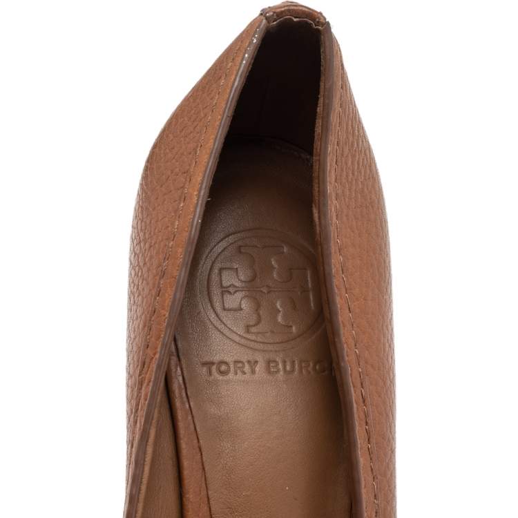 Pre Owned Tory Burch Brown Leather Julianne Peep Toe Wedge Pumps Size 38