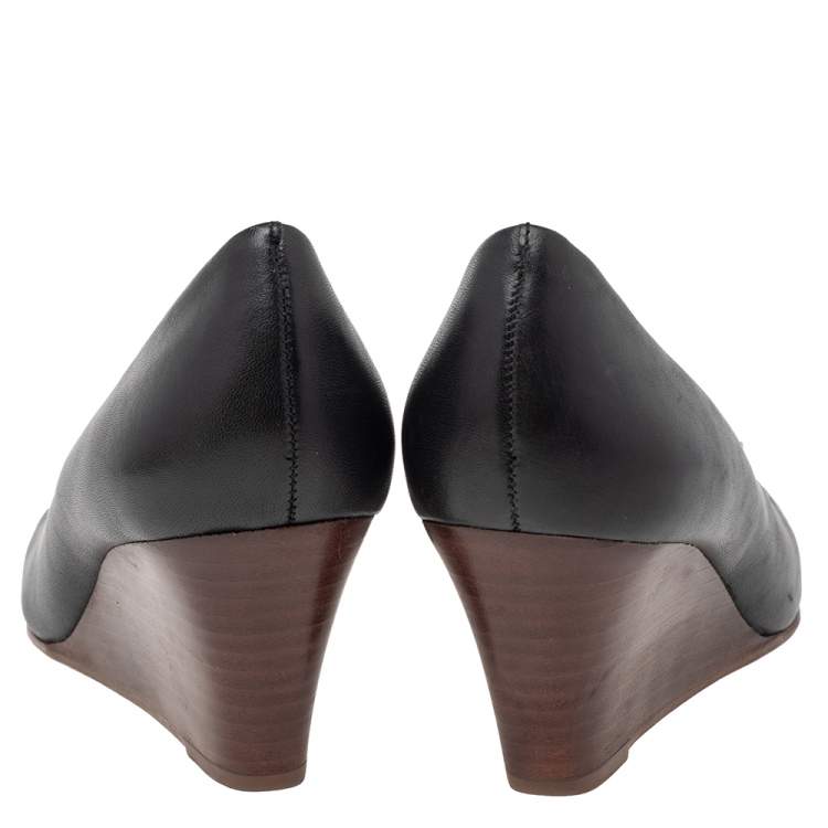Pre Owned Tory Burch Black Leather Lowel Wedge Pumps Size 35