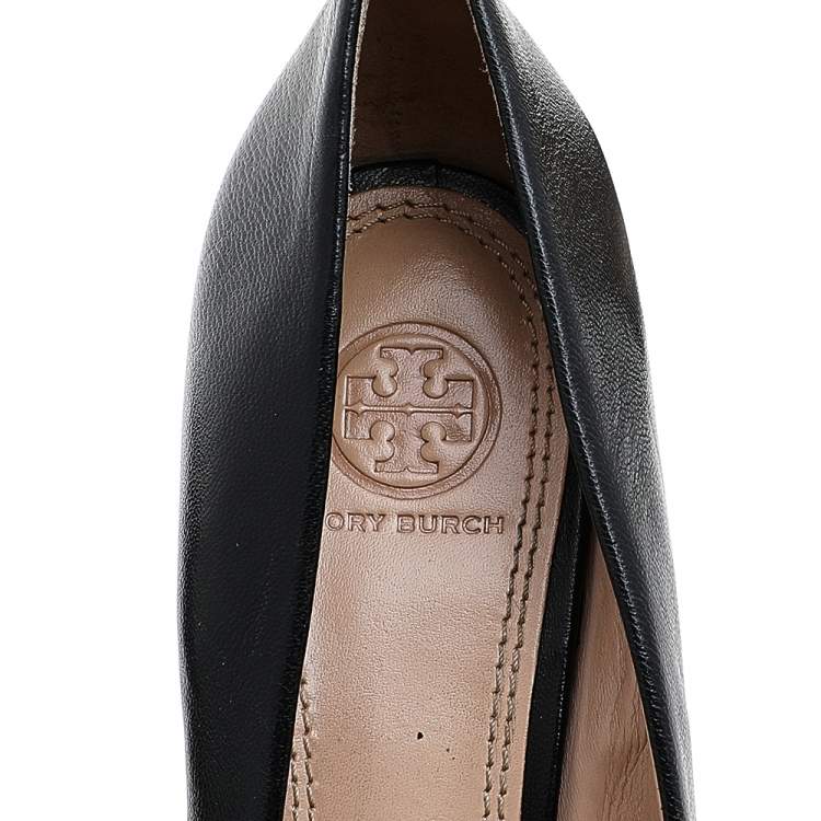 Pre Owned Tory Burch Black Leather Leila Quilted Heel Wedge Pumps Size 39.5