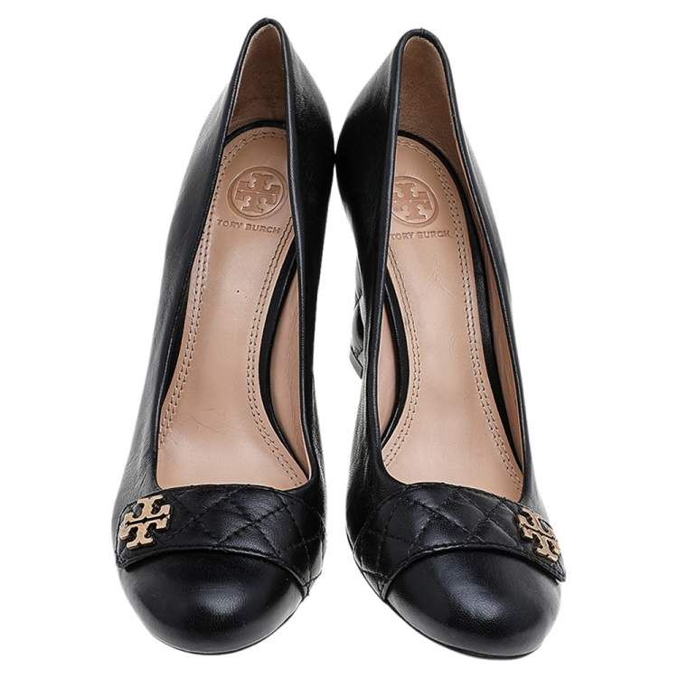 Pre Owned Tory Burch Black Leather Leila Quilted Heel Wedge Pumps Size 39.5