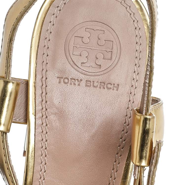 Pre Owned Tory Burch Metallic Gold Leather Block Heel Ankle Strap Sandals Size 38.5