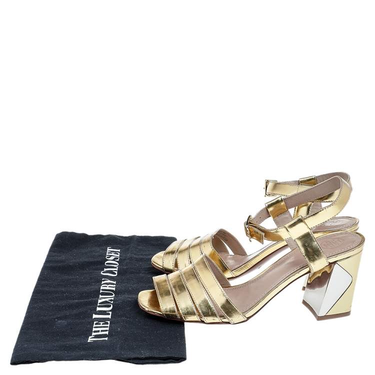 Pre Owned Tory Burch Metallic Gold Leather Block Heel Ankle Strap Sandals Size 38.5