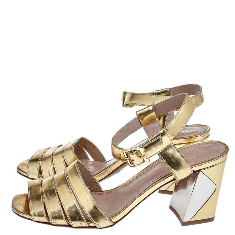 Pre Owned Tory Burch Metallic Gold Leather Block Heel Ankle Strap Sandals Size 38.5