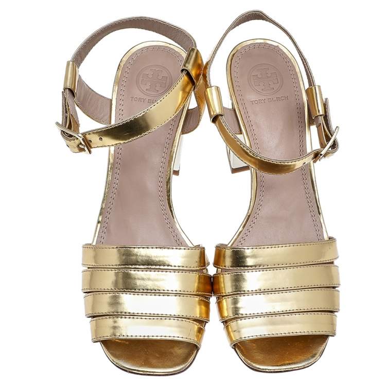 Pre Owned Tory Burch Metallic Gold Leather Block Heel Ankle Strap Sandals Size 38.5