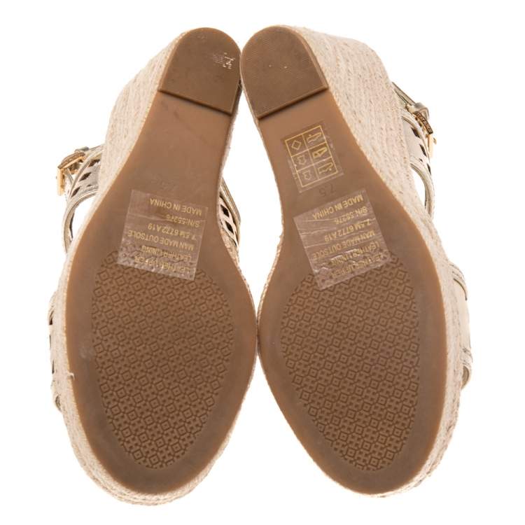 Pre Owned Tory Burch Shimmery Gold Laser Cut Leather Nori Cork Wedges Espadrille Sandals Size 37.5