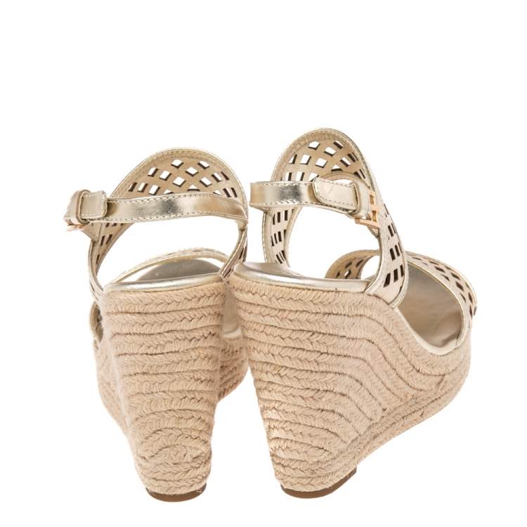 Pre Owned Tory Burch Shimmery Gold Laser Cut Leather Nori Cork Wedges Espadrille Sandals Size 37.5