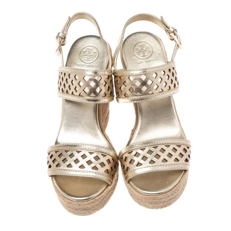 Pre Owned Tory Burch Shimmery Gold Laser Cut Leather Nori Cork Wedges Espadrille Sandals Size 37.5