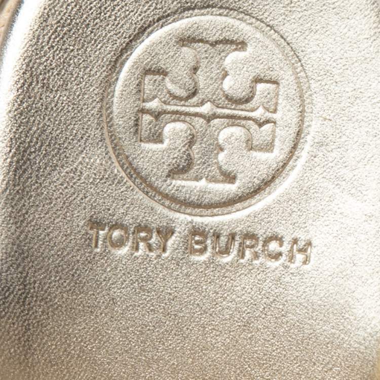Pre Owned Tory Burch Shimmery Gold Laser Cut Leather Nori Cork Wedges Espadrille Sandals Size 37.5