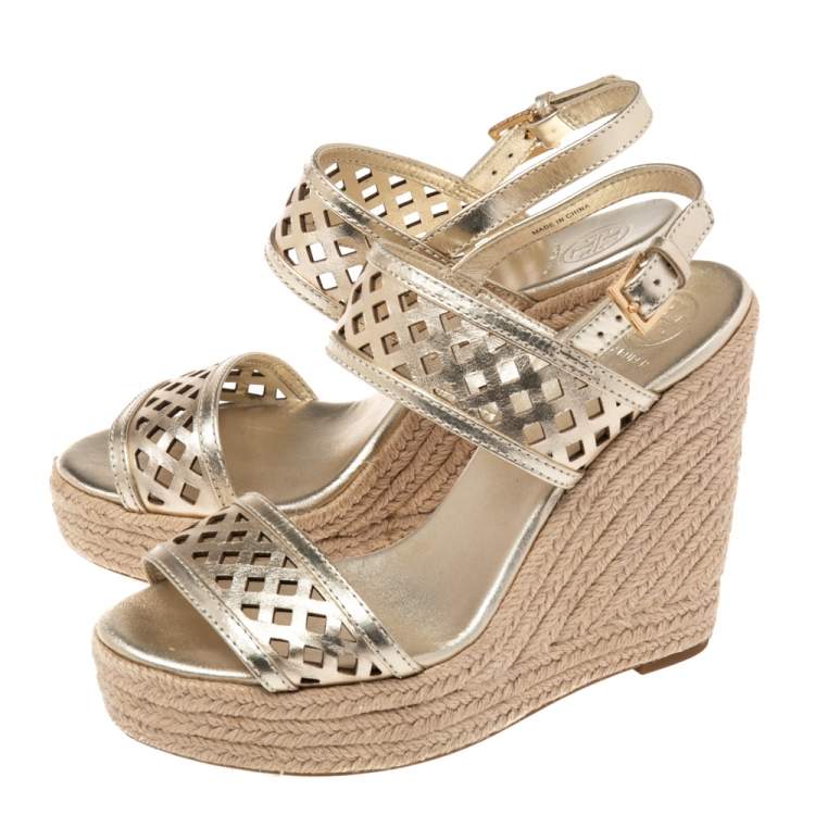 Pre Owned Tory Burch Shimmery Gold Laser Cut Leather Nori Cork Wedges Espadrille Sandals Size 37.5