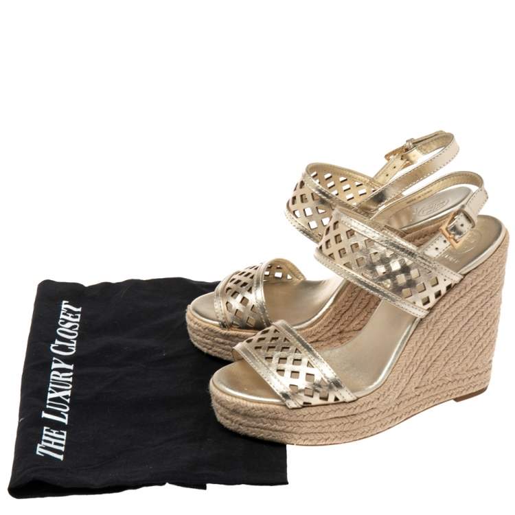Pre Owned Tory Burch Shimmery Gold Laser Cut Leather Nori Cork Wedges Espadrille Sandals Size 37.5