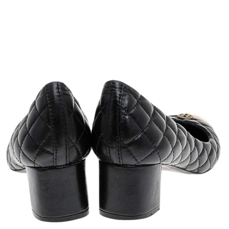 Pre Owned Tory Burch Black Quilted Leather Kaitlin Metal Cap Toe Block Heel Pumps Size 39