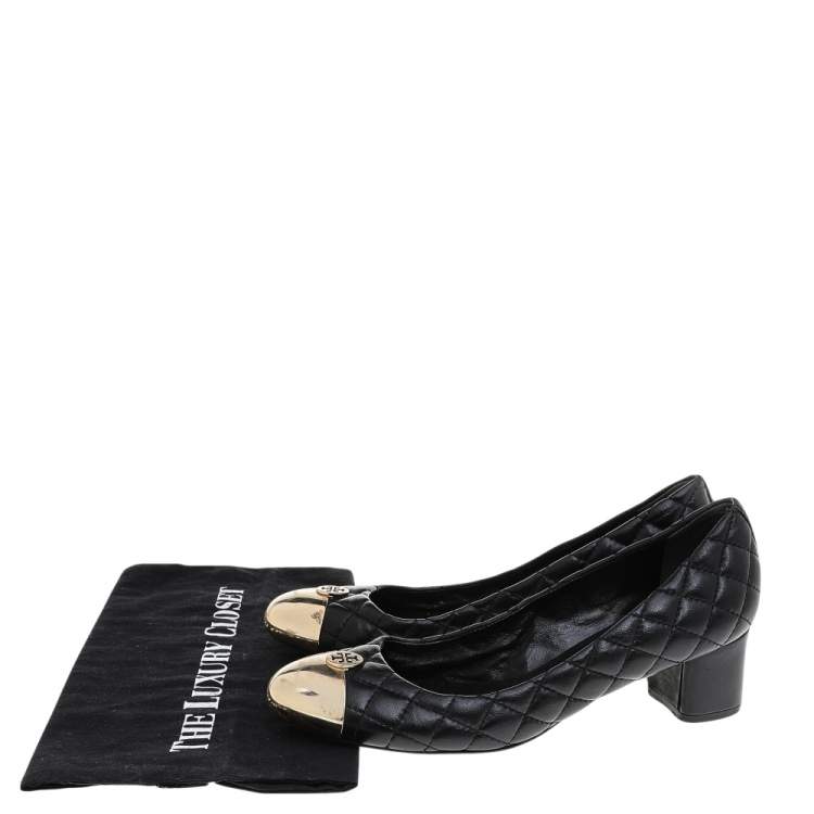 Pre Owned Tory Burch Black Quilted Leather Kaitlin Metal Cap Toe Block Heel Pumps Size 39