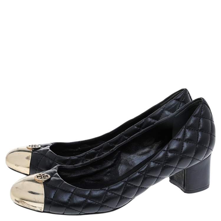 Pre Owned Tory Burch Black Quilted Leather Kaitlin Metal Cap Toe Block Heel Pumps Size 39