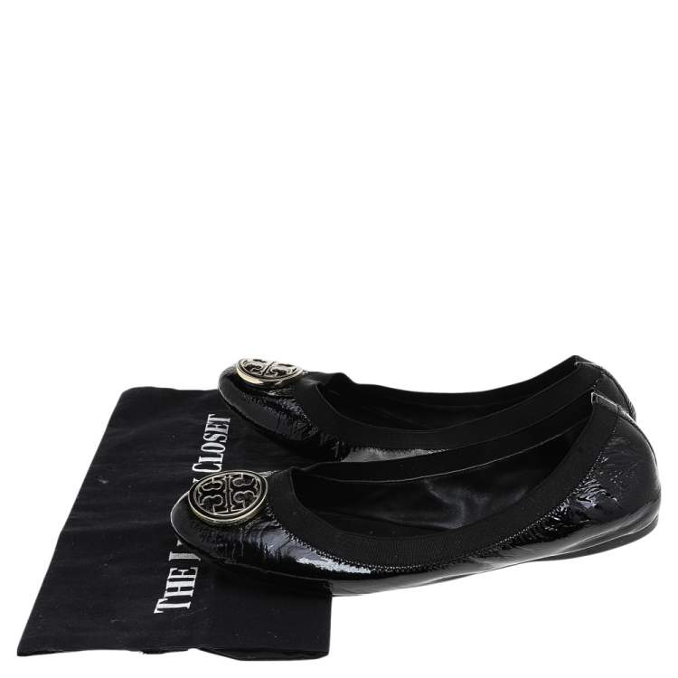 Pre Owned Tory Burch Black Patent Leather Caroline Ballet Flats Size 41