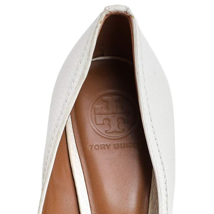 Pre Owned Tory Burch White Leather Amanda Peep Toe Wedge Pumps Size 41