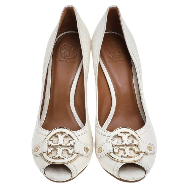 Pre Owned Tory Burch White Leather Amanda Peep Toe Wedge Pumps Size 41