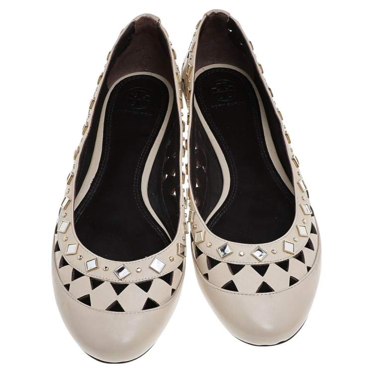 Pre Owned Tory Burch White Leather Kingsbridge Ballet Flats Size 41