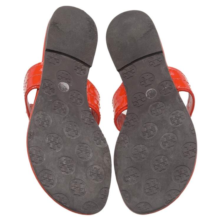 Pre Owned Tory Burch Orange Patent Leather Thong Flats Size 37