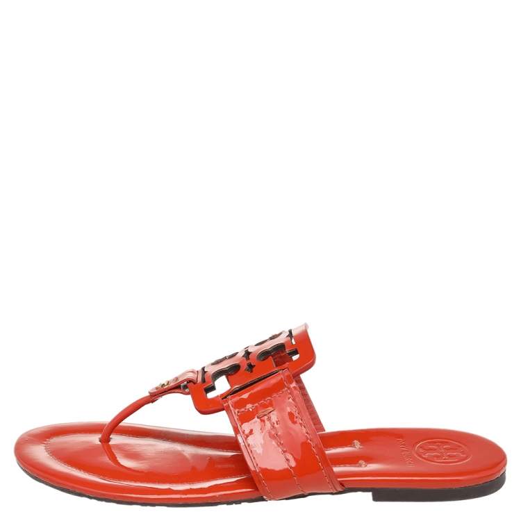 Pre Owned Tory Burch Orange Patent Leather Thong Flats Size 37