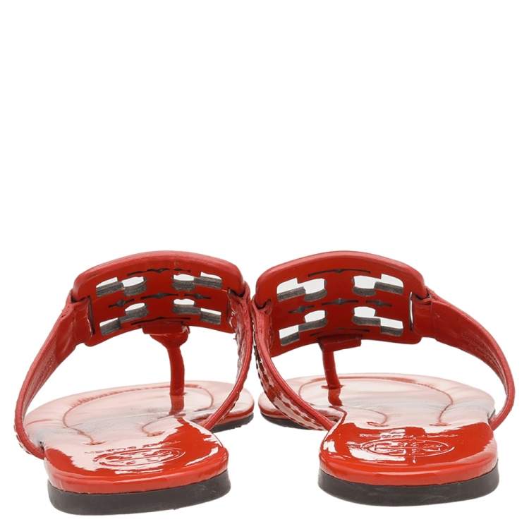 Pre Owned Tory Burch Orange Patent Leather Thong Flats Size 37