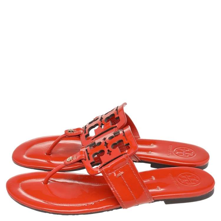 Pre Owned Tory Burch Orange Patent Leather Thong Flats Size 37