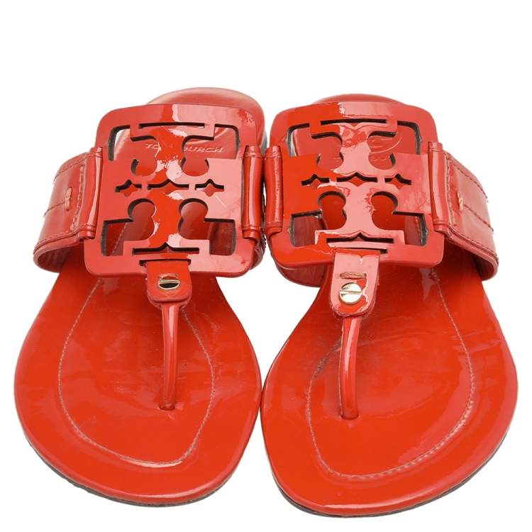 Pre Owned Tory Burch Orange Patent Leather Thong Flats Size 37