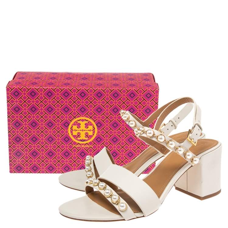 Pre Owned Tory Burch White Leather Faux Peal Embellished Emmy Ankle Strap Sandals Size 38.5