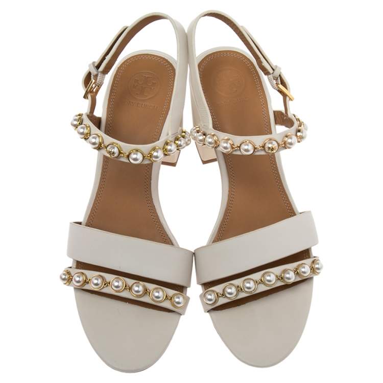Pre Owned Tory Burch White Leather Faux Peal Embellished Emmy Ankle Strap Sandals Size 38.5